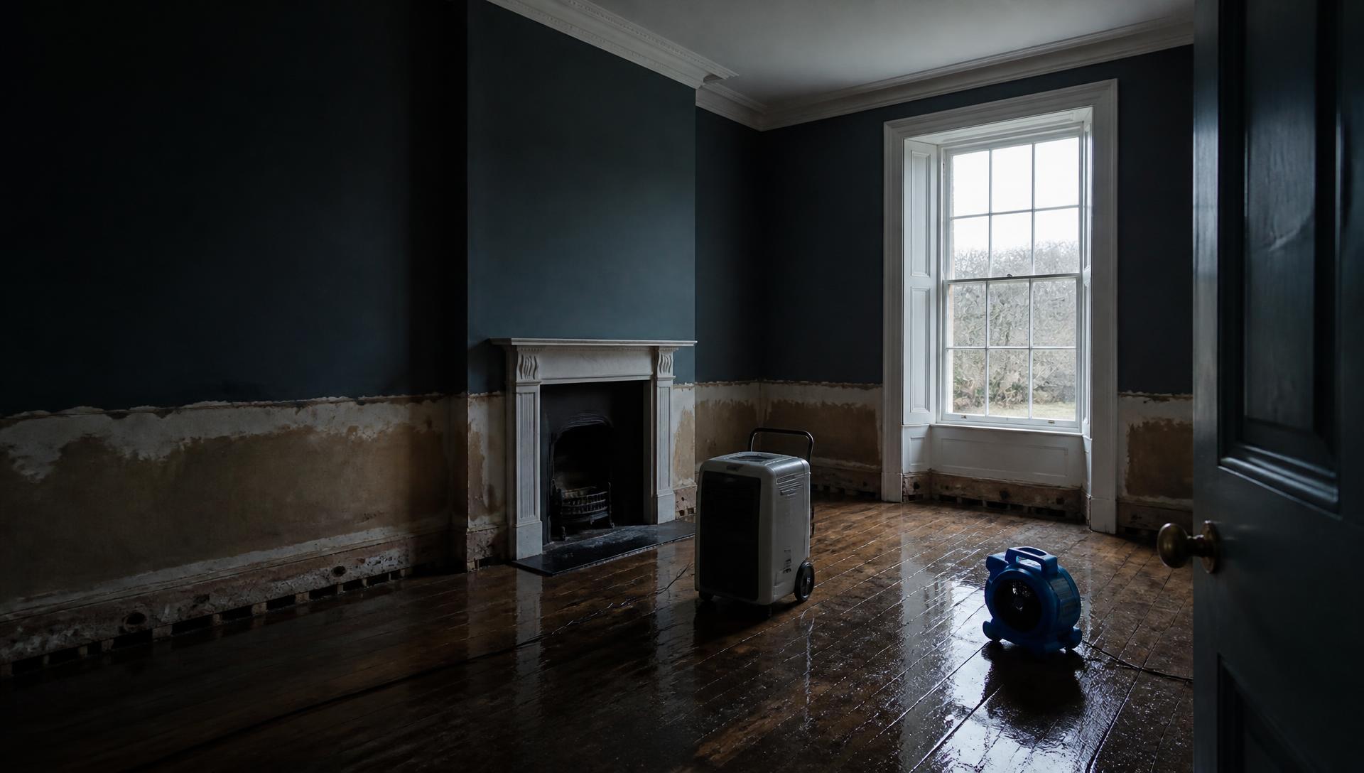 Empty room mid flood restoration: damp floorboards, stripped plaster and drying equipment running